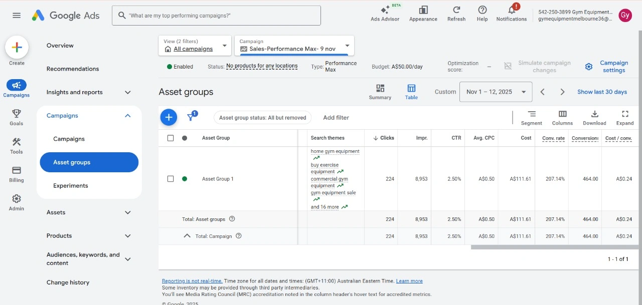 Google Ads campaigns dashboard showing Performance Max and Search campaigns with 308% conversion rate for Gym Equipment Melbourne